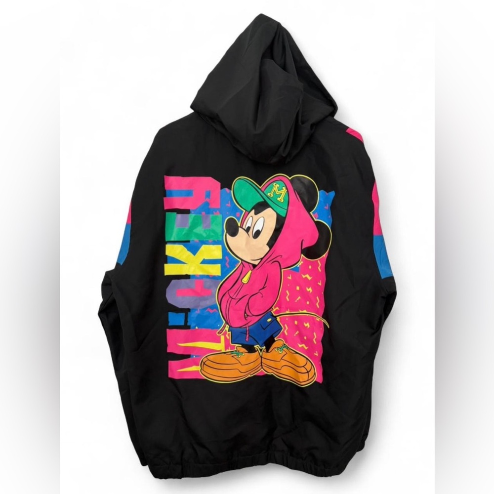 Vintage 90's‎ Disney Mickey Mouse Neon Hooded Windbreaker Large Pockets Unisex